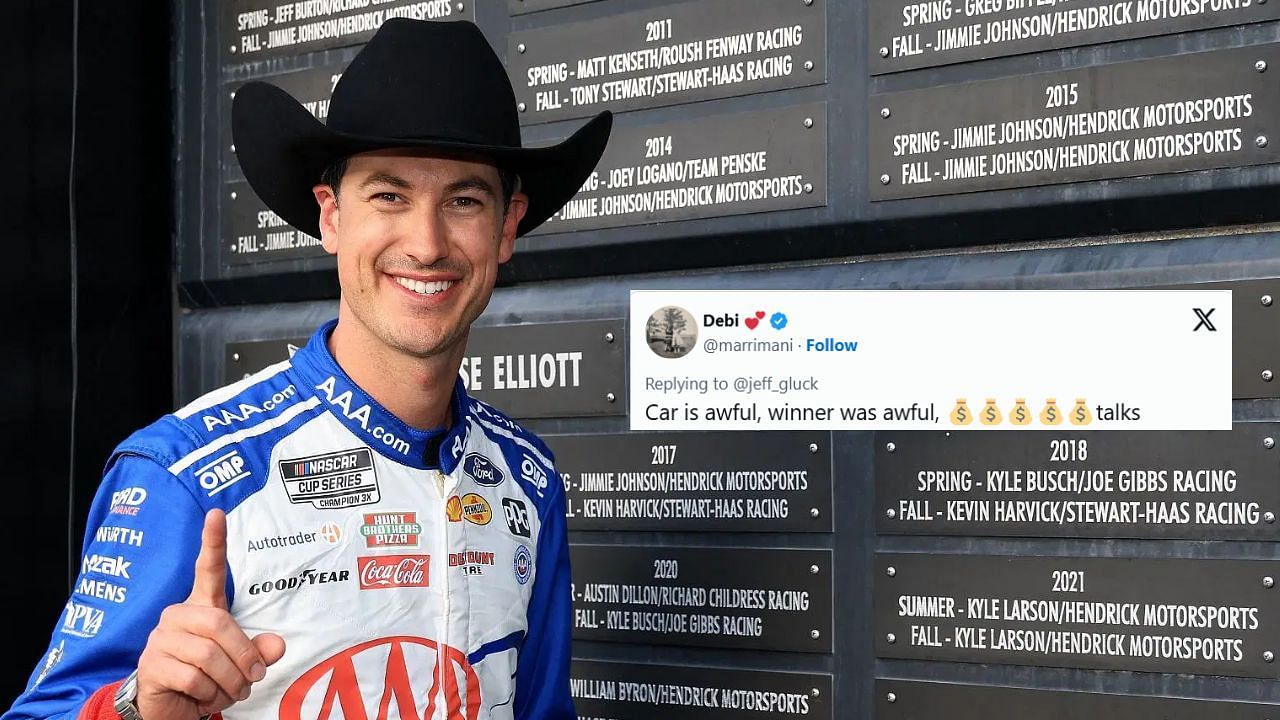 NASCAR winner at Texas Joey Logano (Background Image via Getty, Inset via @marrimani)