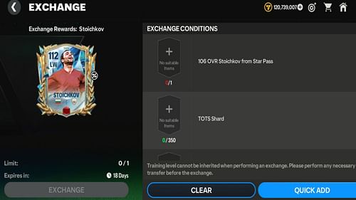 Snippet showing EA FC Mobile TOTS 25 Hristo Stoichkov exchange requirements (Image via EA Sports)