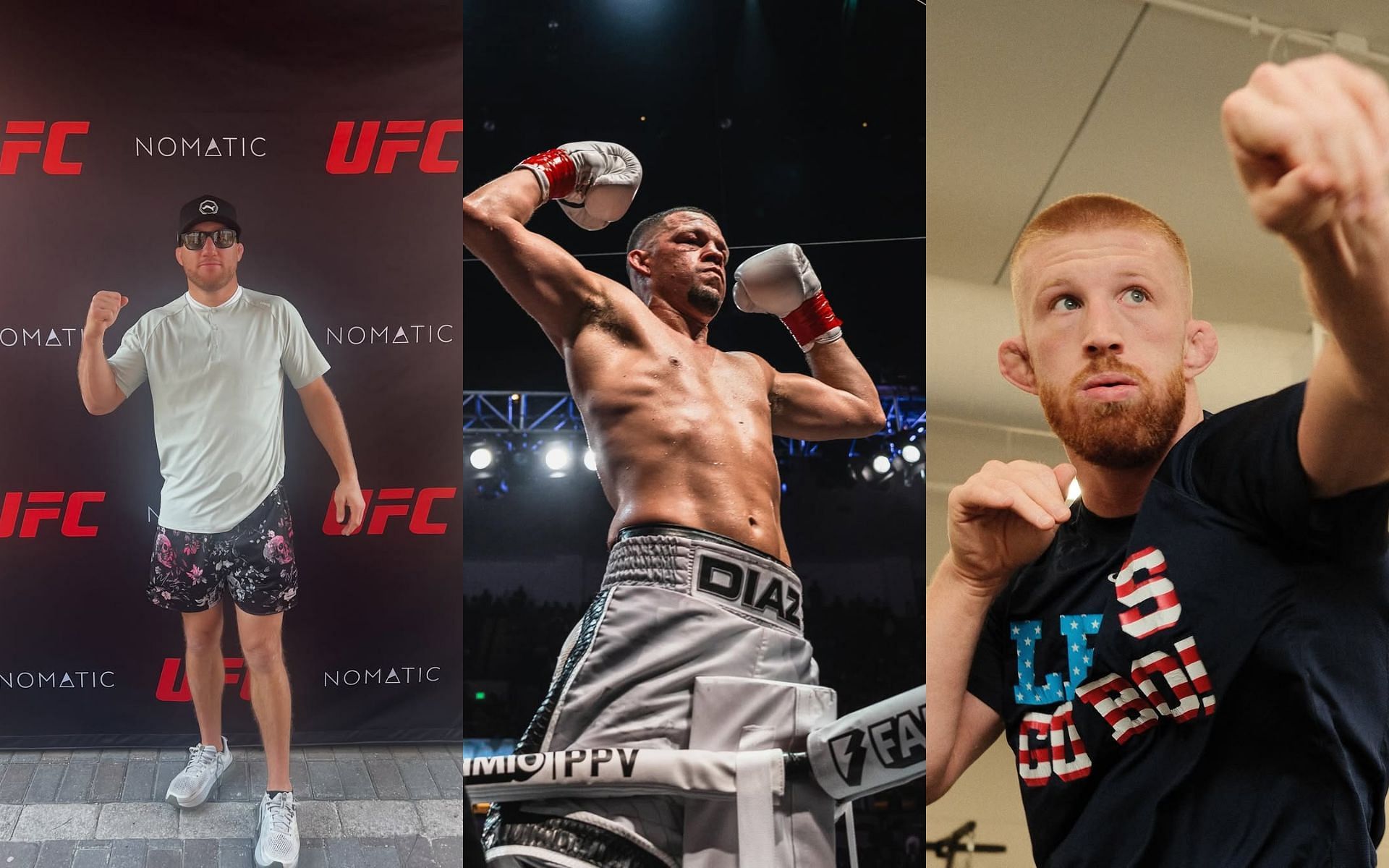 Nate Diaz (center) slams Justin Gaethje (left) and Bo Nickal (right). [Images courtesy: @justin_gaethje, @natediaz209 and @nobickal1 on Instagram]