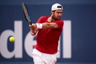 Khachanov plays a backhand in the Barcelona Open 2025 - Day Six - Source: Getty