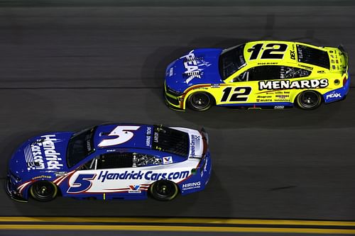 Ryan Blaney (#12) and Kyle Larson (#5) at Daytona International Speedway last February - Source: Getty