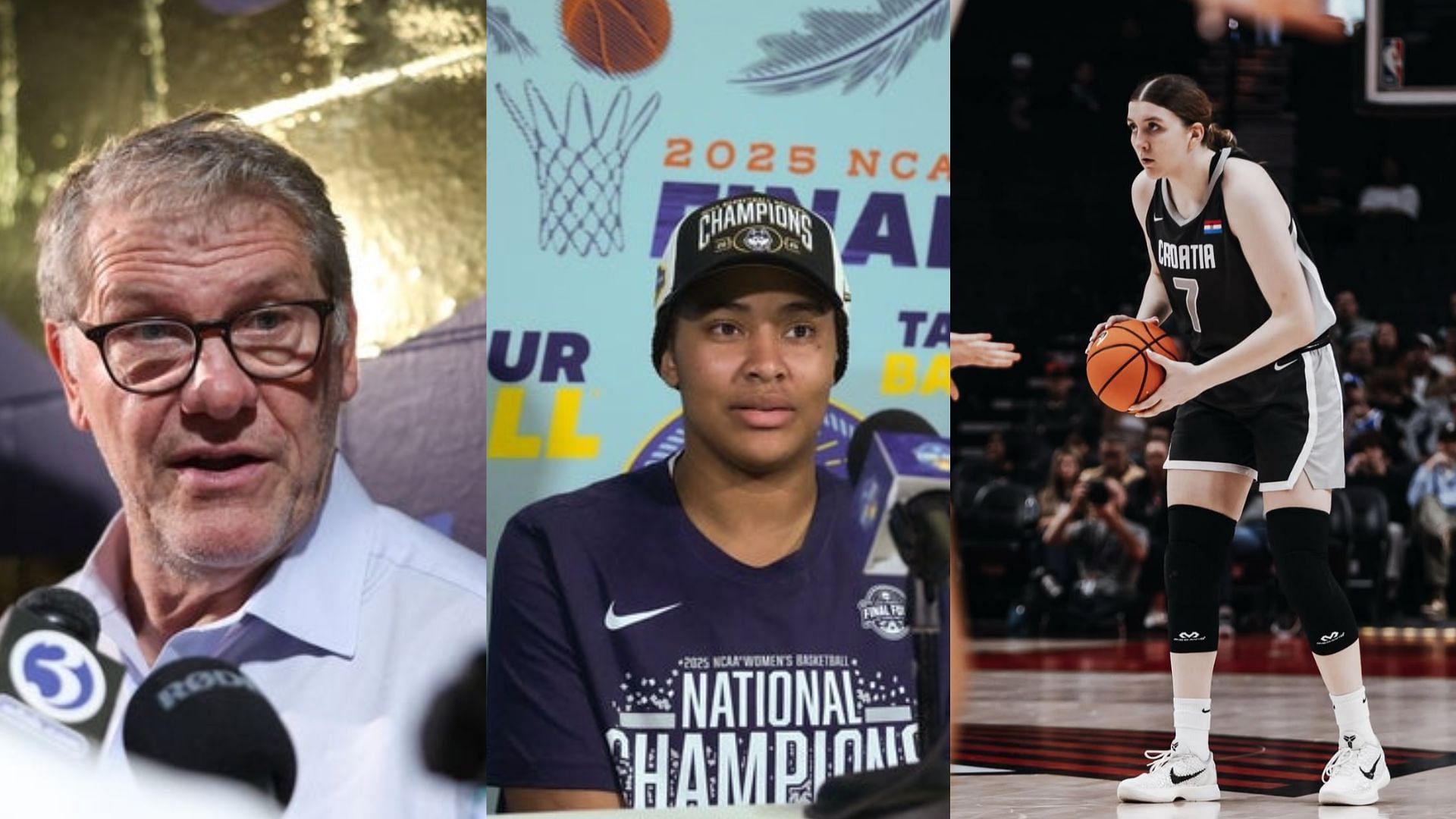 Geno Auriemma, Sarah Strong and Olivia Vukosa