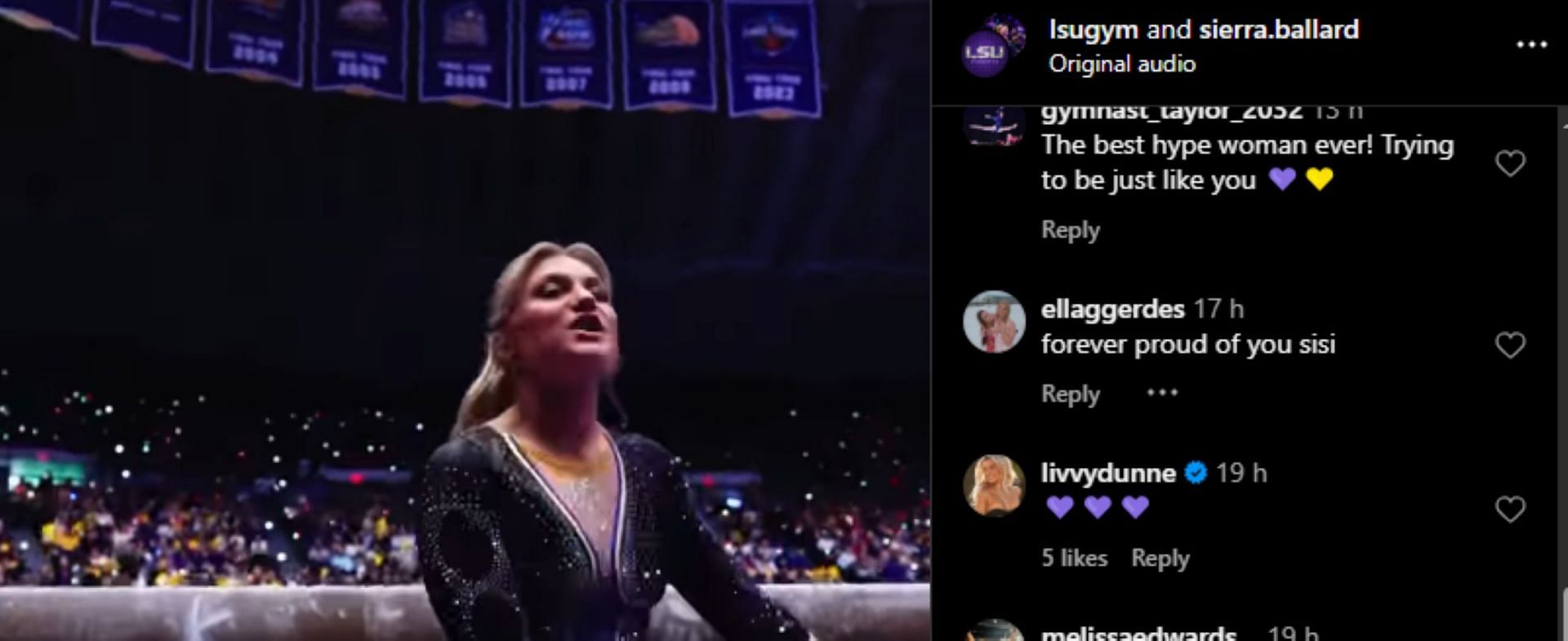 Screengrab of Olivia Dunne&#039;s reaction to online tribute to Sierra Ballard [Image Source : LSU Gymnastics&#039; Instagram]