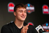 Cooper Flagg (#2) of the Duke Blue Devils smiles as he talks to the media about winning the USBWA Oscar Robertson Player of the Year Award during Reese's Final Four Friday at Alamodome on April 04, 2025 in San Antonio, Texas. Photo: Getty
