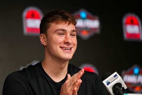 Cooper Flagg (#2) of the Duke Blue Devils smiles as he talks to the media about winning the USBWA Oscar Robertson Player of the Year Award during Reese's Final Four Friday at Alamodome on April 04, 2025 in San Antonio, Texas. Photo: Getty