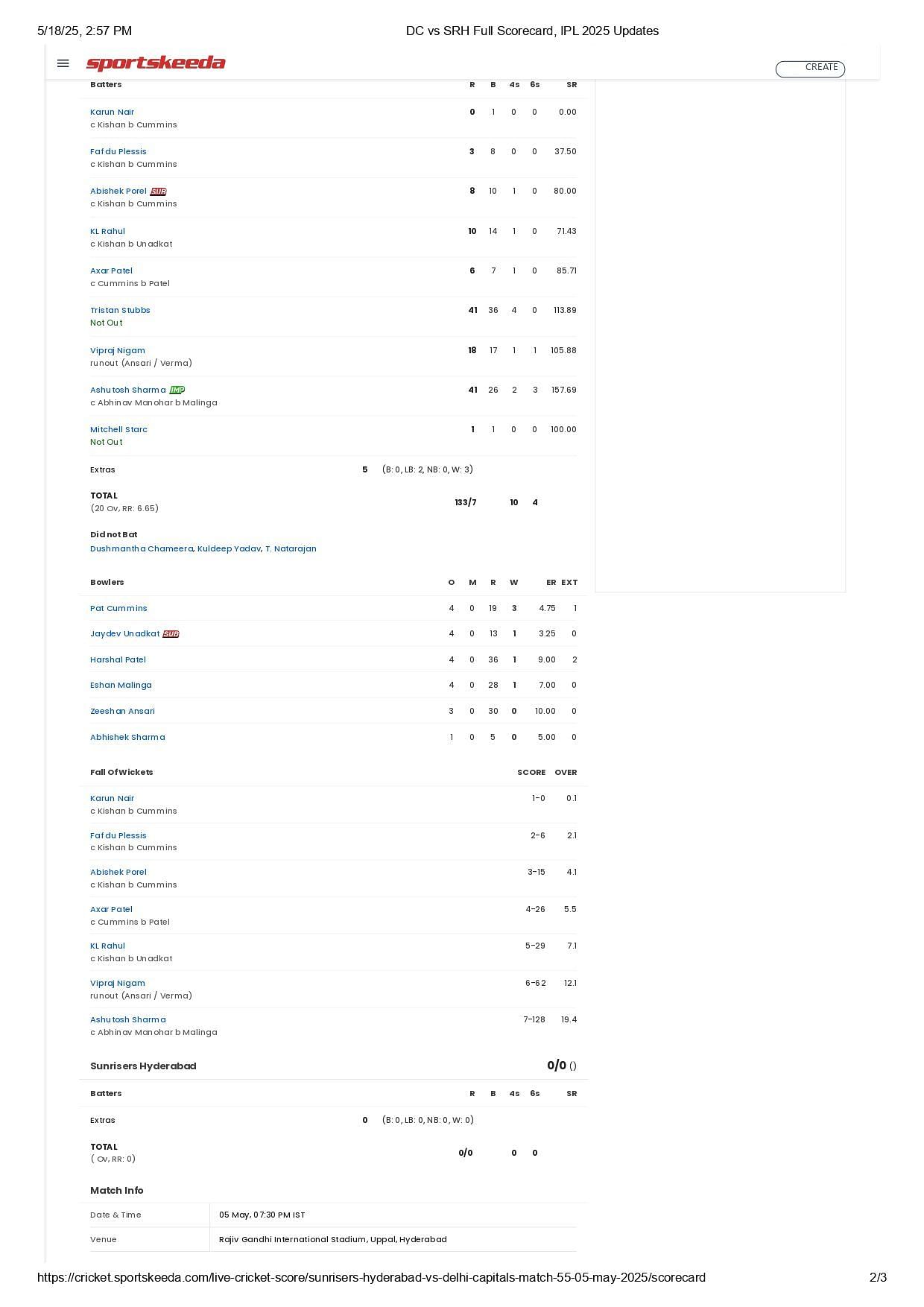 DC vs SRH 2025 scorecard.