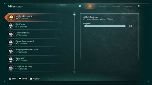 The Milestones tab tracks all achievements in Doom The Dark Ages (Image via Sportskeeda Gaming || Bethesda Softworks)