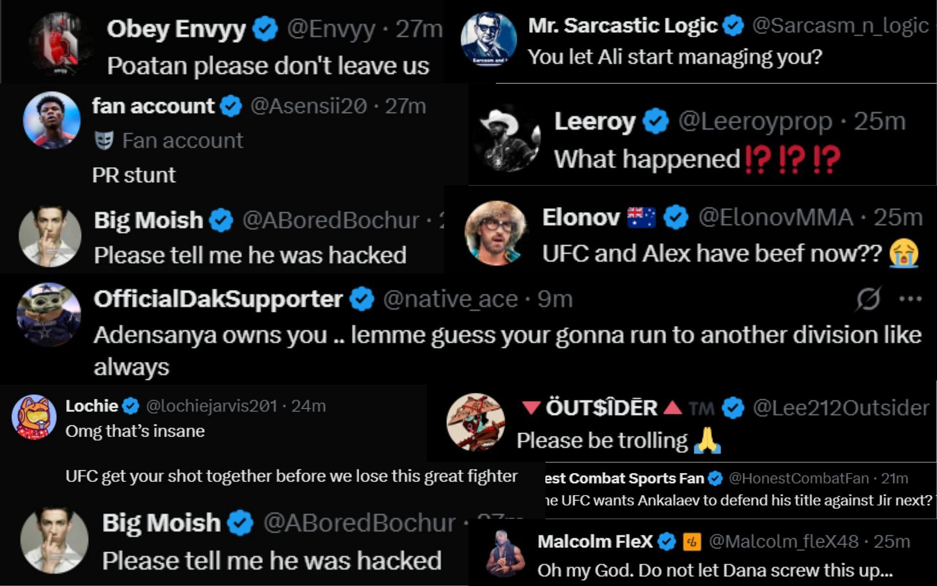 Fan reactions to Alex Pereira&#039;s post. [Screenshots courtesy: @AlexPereiraUFC on X]