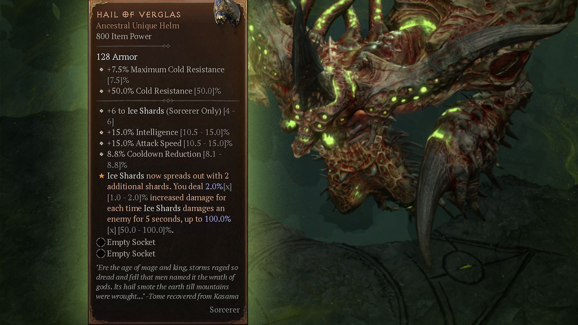 Hail of Verglas rolls with some powerful affixes that further support Cold builds of Sorcerers (Image via Blizzard Entertainment)