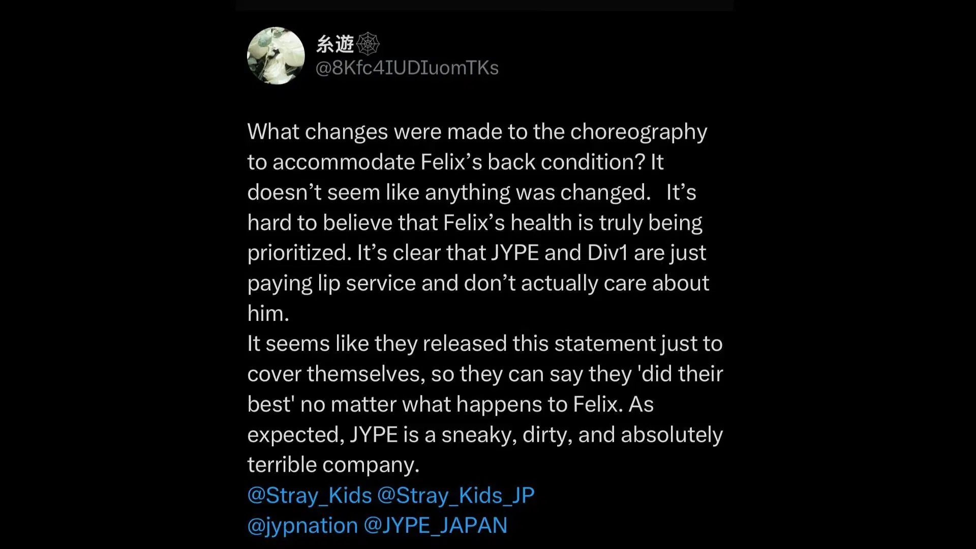 A fan comment on JYP Entertainment&#039;s update on Stray Kids Felix&#039;s back pain and choreography changes (Image via X/@8Kfc4IUDIuomTKs)