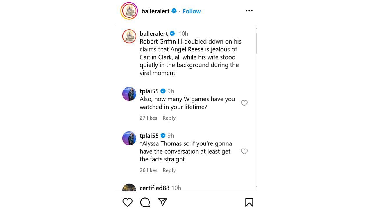 Ex-WNBA champ responds to former NFL star doubling down on his claim of Reese hating Clark. [photo: @balleralert/IG]