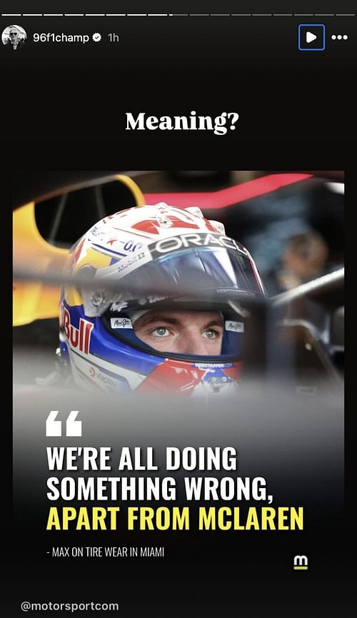 Damon Hill's post for Max Verstappen [Image Source: @96f1champ/Instagram]