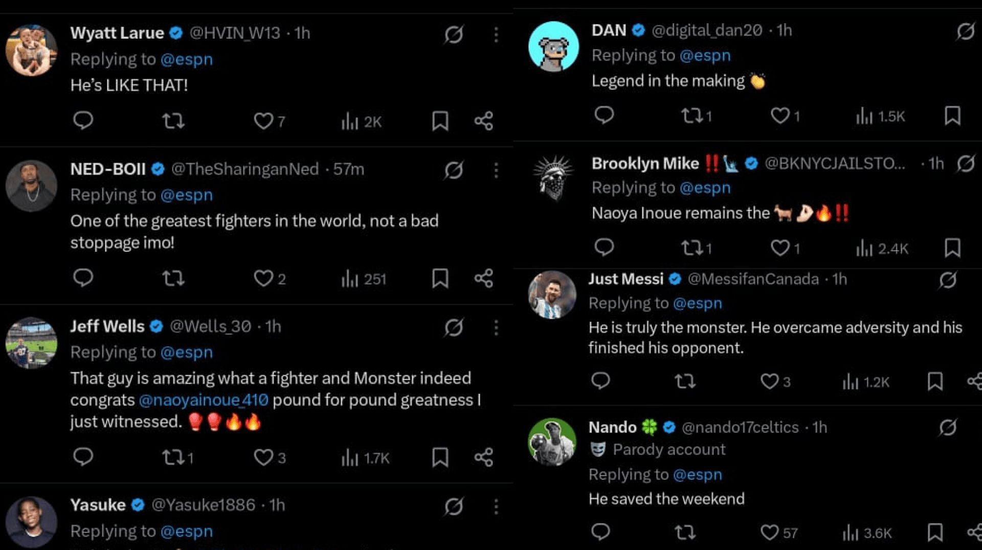 Fans&#039; reaction to Naoya Inoue&#039;s recent victory. [Screenshots courtesy: @espn on X]