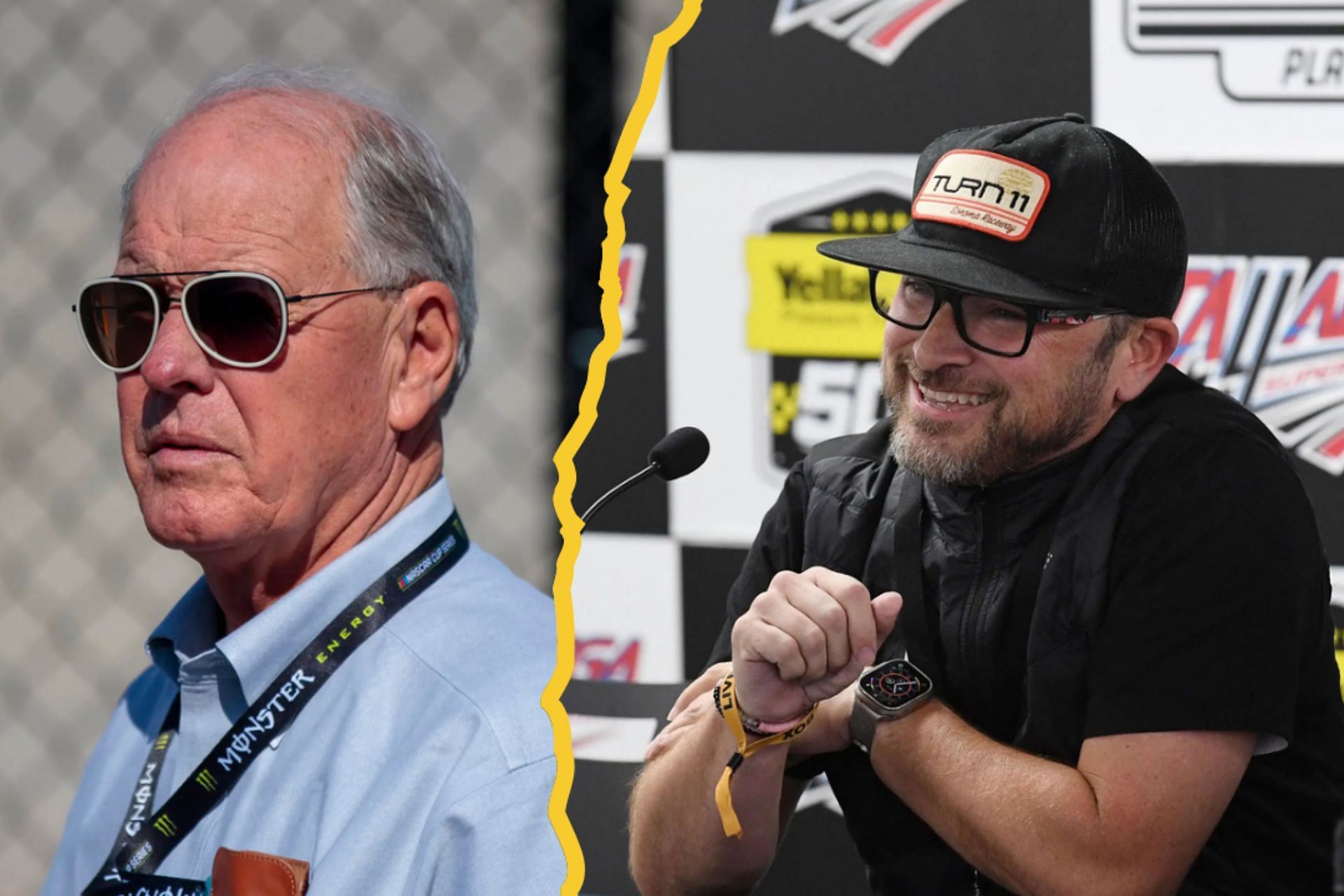 A side-by-side image of (Left) NASCAR executive Vice President Jim France during the Bluegreen Vacations 500 at ISM Raceway. Mandatory Credit: Mark J. Rebilas-Imagn Images and (Right) AUTO: SEP 30 NASCAR Craftsman Truck Series Playoff Love