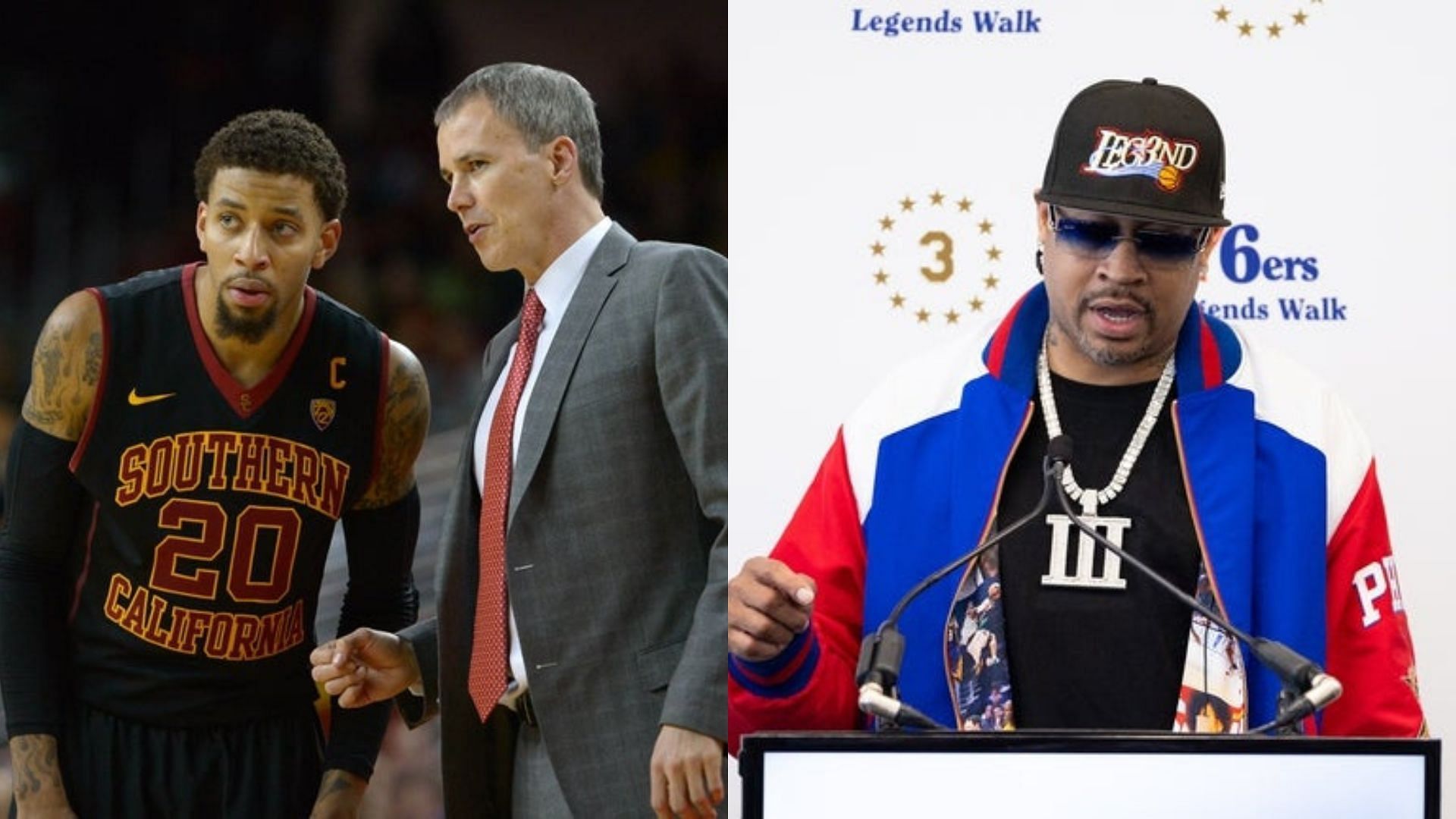 J.T. Terrell talks with USC coach Andy Enfield; Philadelphia 76ers legend Allen Iverson. Source: Imagn 