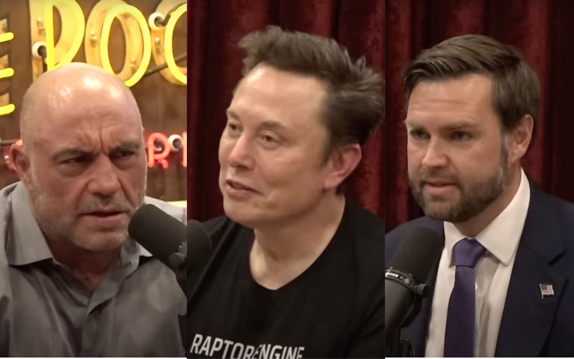 Joe Rogan (left), Elon Musk (middle) and J.D. Vance (right) [Image Courtesy: @joerogan on YouTube]