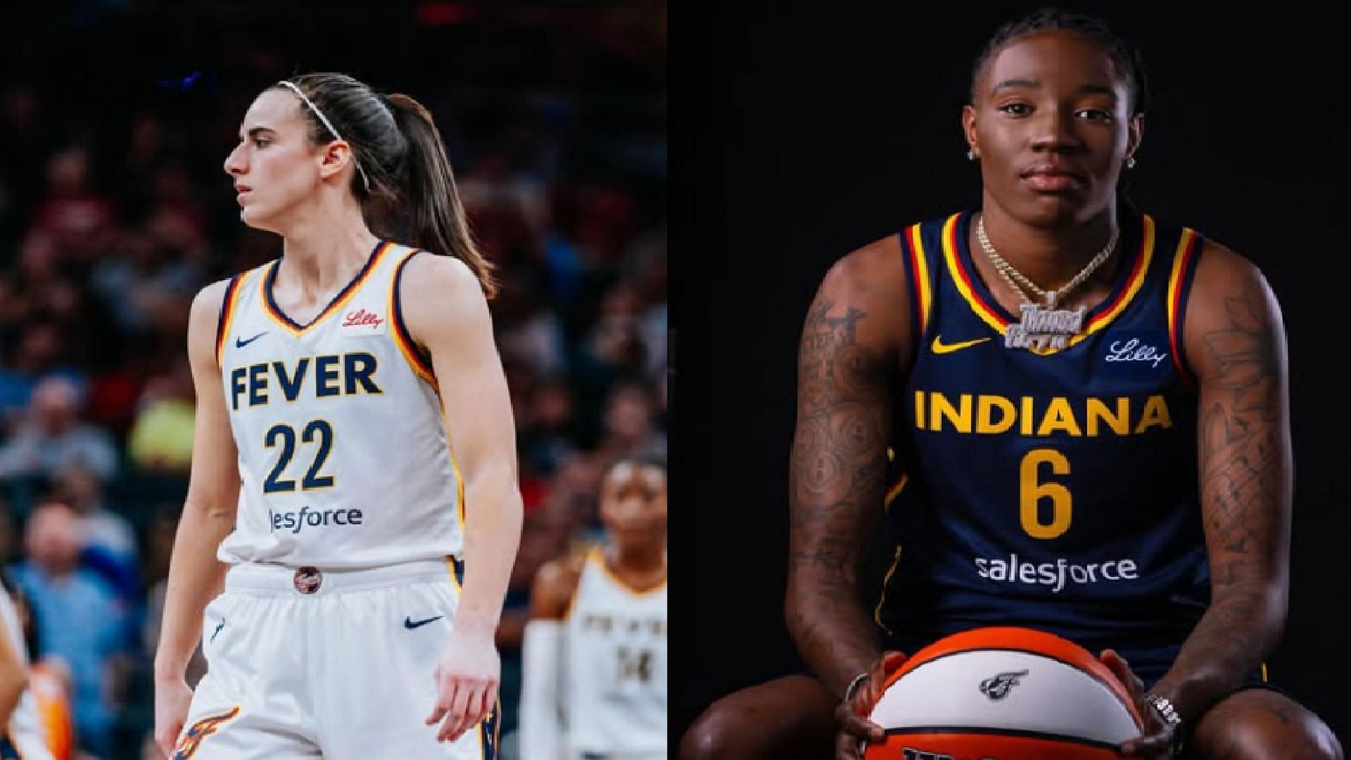 An image of Caitlin Clark and Natasha Howard side by side