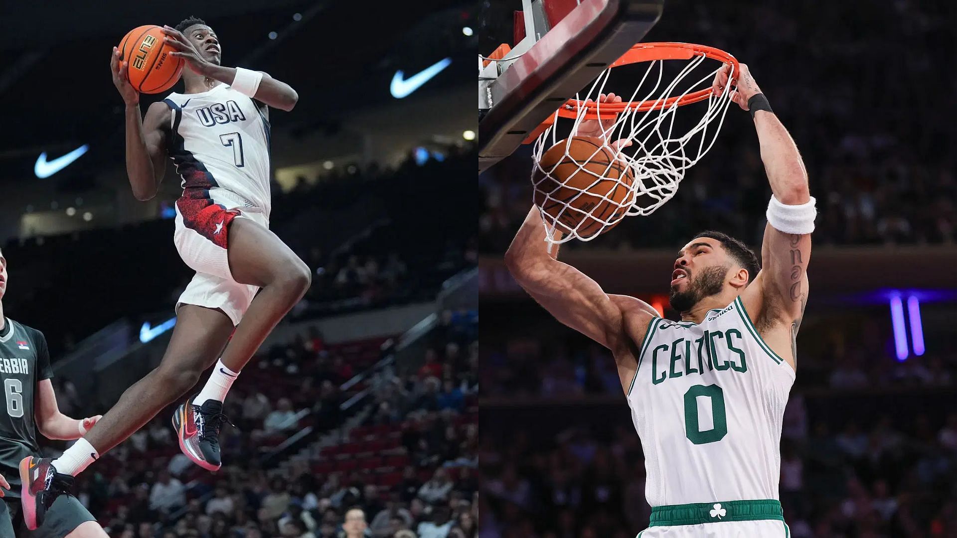 AJ Dybantsa and Jayson Tatum. - Source: Soobum Im, Getty &amp; Vincent Carhietta, Imagn