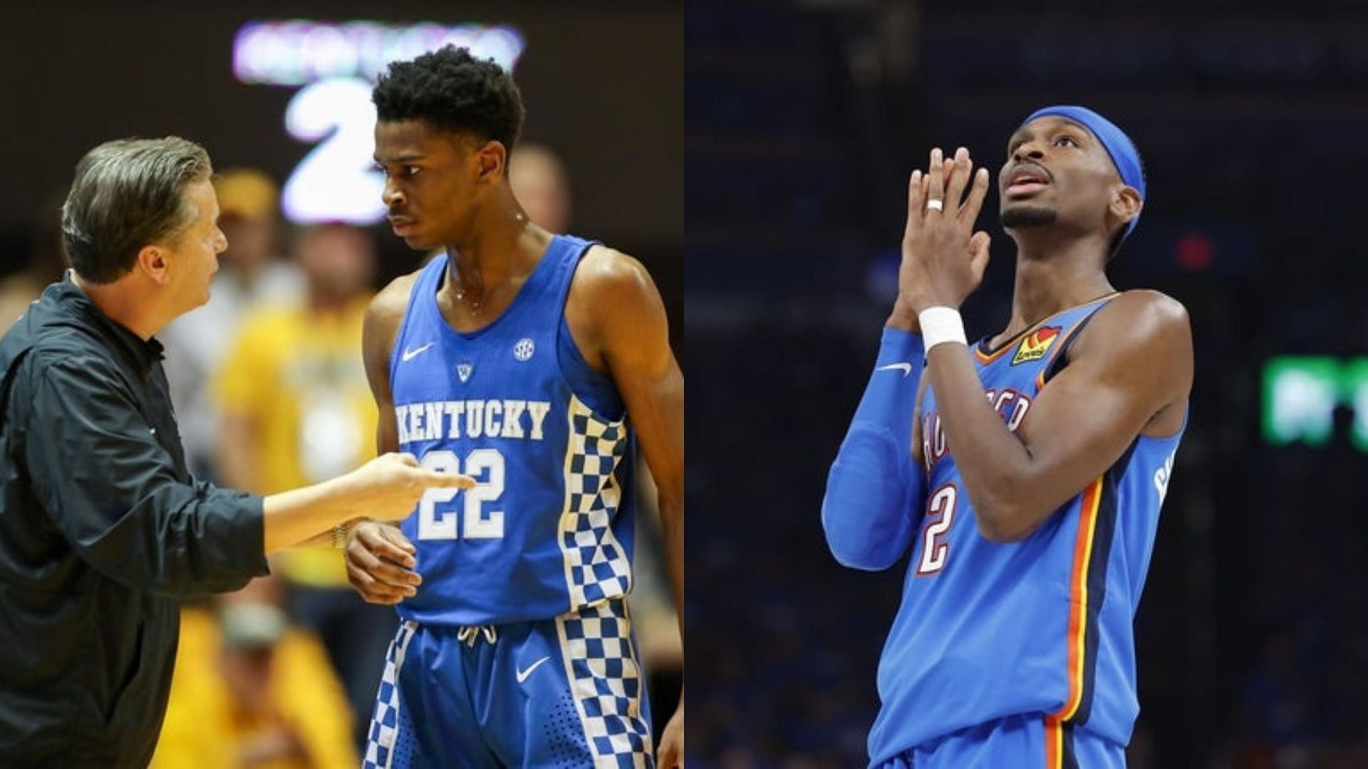 Shai Gilgeous-Alexander talks to coach John Calipari during their time at Kentucky; Shai Gilgeous-Alexander in action for Oklahoma City. Source: Imagn