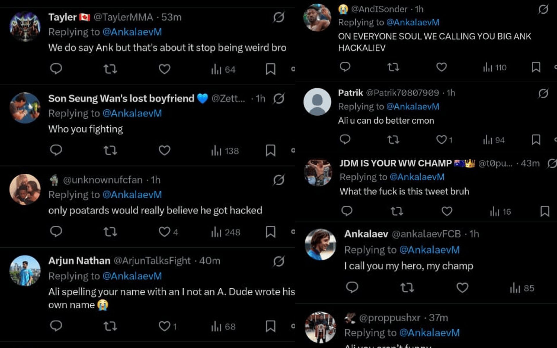 Fans&#039; reaction to Magomed Ankalaev poking fun at Alex Pereira. [Screenshots courtesy: @AnkalaevM on X]
