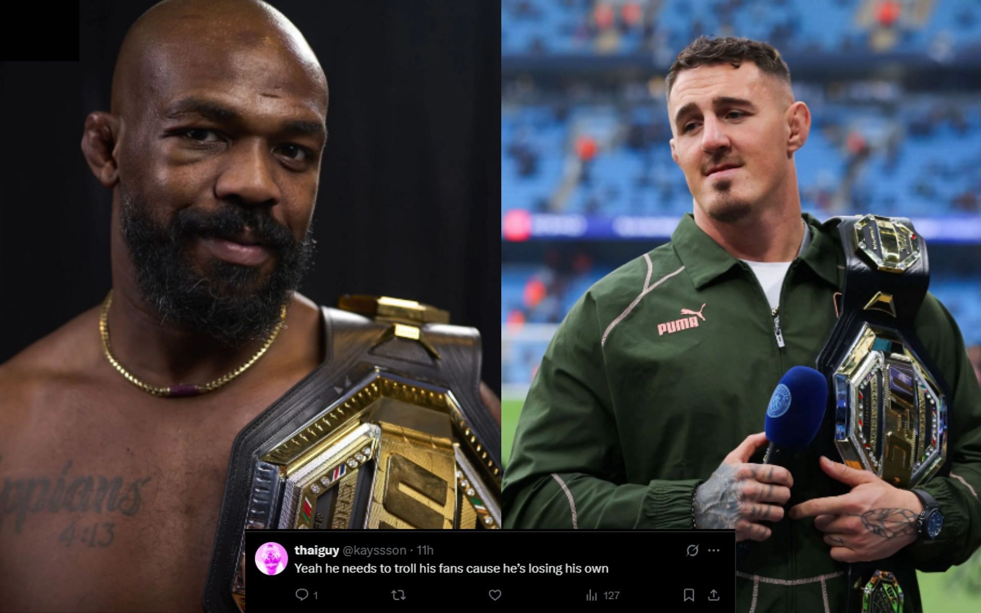 MMA X erupts as Jon Jones (left) trolls Tom Aspinall (right), calling him the most pathetic champion: [Image courtesy: Getty Images]
