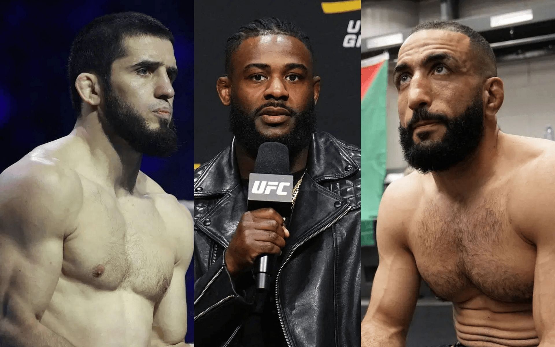 Aljamain Sterling (middle) reacts to Islam Makhachev
