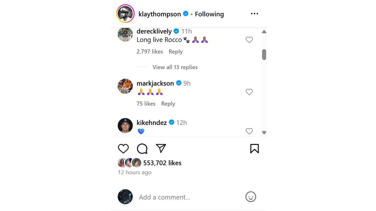 Dereck Lively, Mark Jackson and Trayce Jackson-Davis reactions to Thompson&#039;s IG post. [photo:@klaythompson/IG]