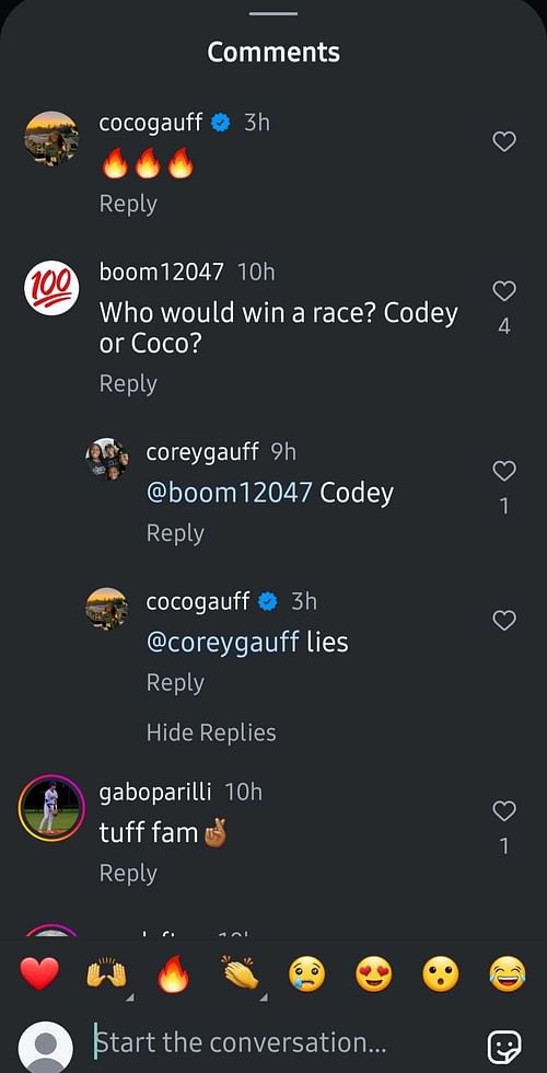 Comments on Coco Gauff's brother Codey's Instagram post (Image: Instagram/@codeygauff)