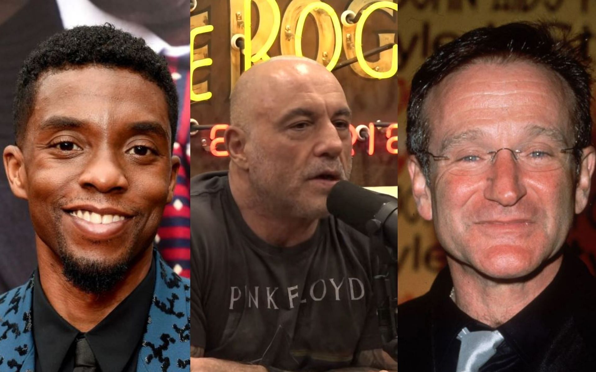 Joe Rogan (middle) talks about the late great Chadwick Boseman (left) and late comedy legend Robin Williams (right). [Images courtesy: PowerfulJRE on YouTube, Getty Images]