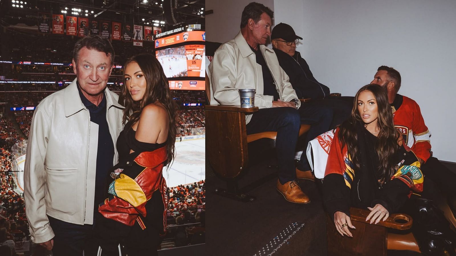 Wayne Gretzky, daughter Paulina and Dustin Johnson attend Leafs vs. Panthers Game 4 from VIP box at Amerant Bank Arena