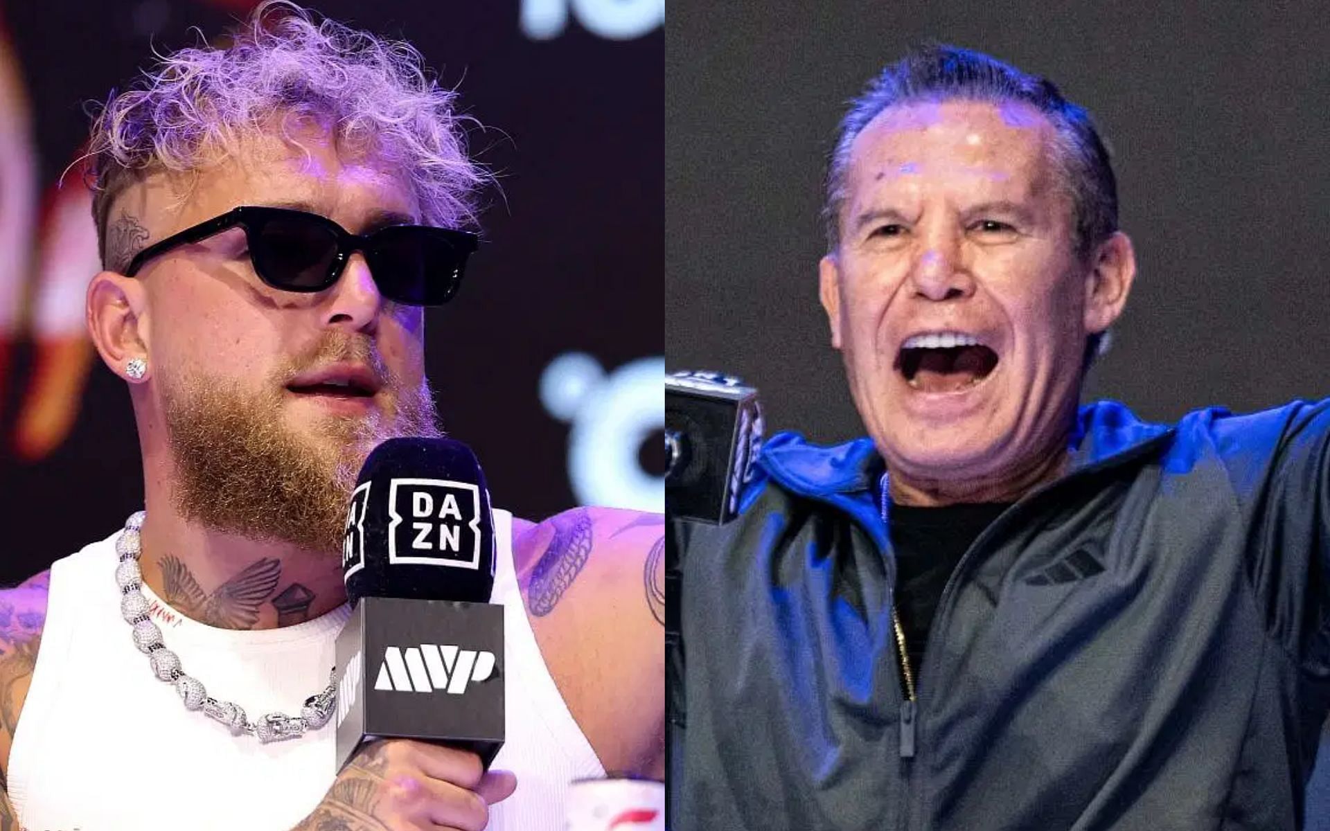 Julio Cesar Chavez Sr. (right) and Jake Paul (left) trade shots at each other in the press conference. [Images courtesy: Getty Images]