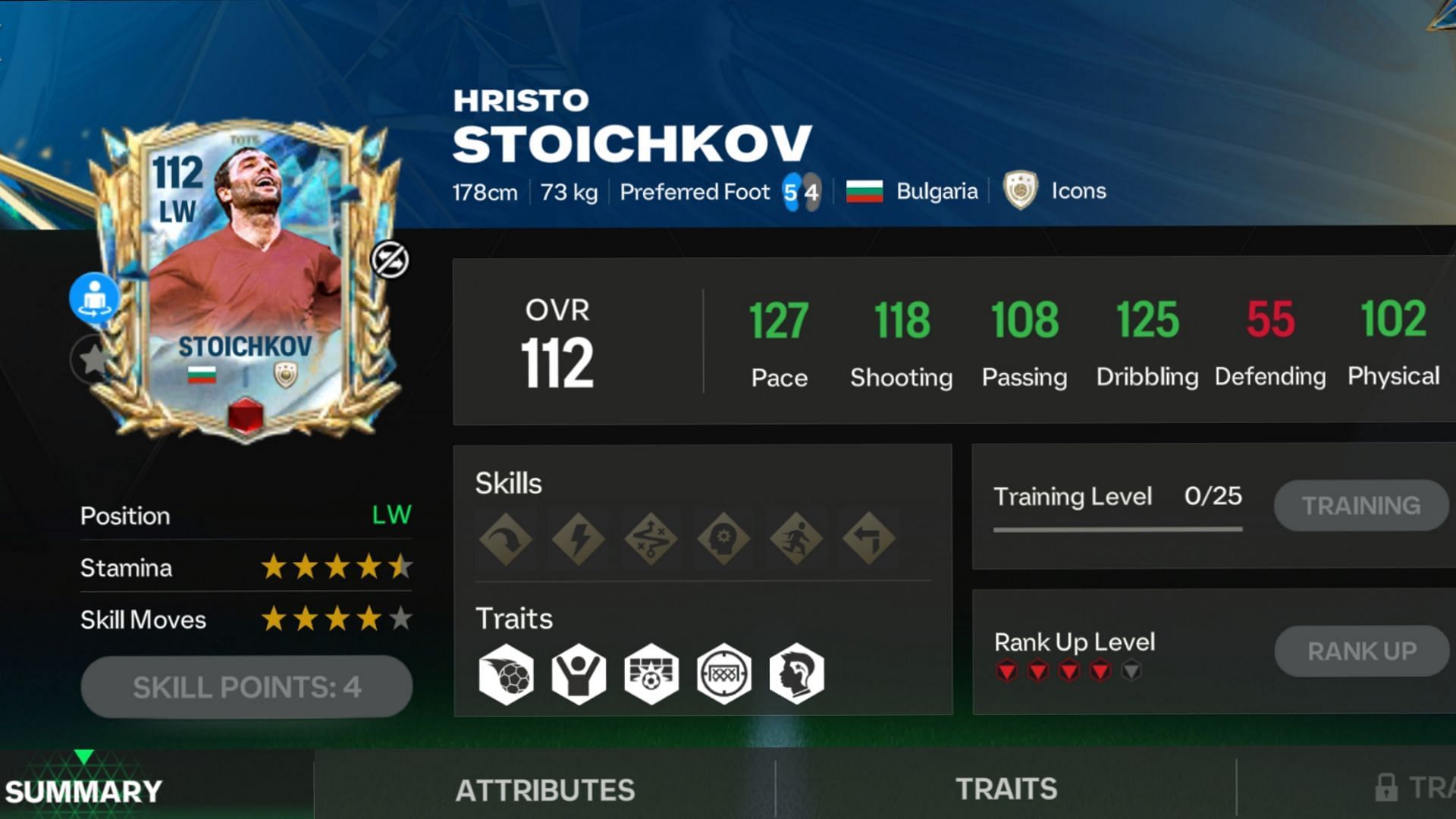 EA FC Mobile TOTS 25 Hristo Stoichkov exchange card stats (Image via EA Sports)