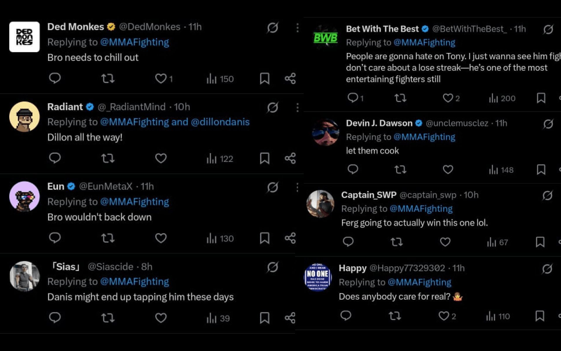 Fans&#039; reaction to Tony Ferguson chasing a potential fight against Dillon Danis. [Screenshots courtesy: @MMAFighting on X]