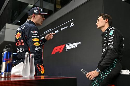 Max Verstappen and George Russell talk in parc ferme during qualifying ahead of the F1 Grand Prix of Saudi Arabia on April 19, 2025 - Source: Getty