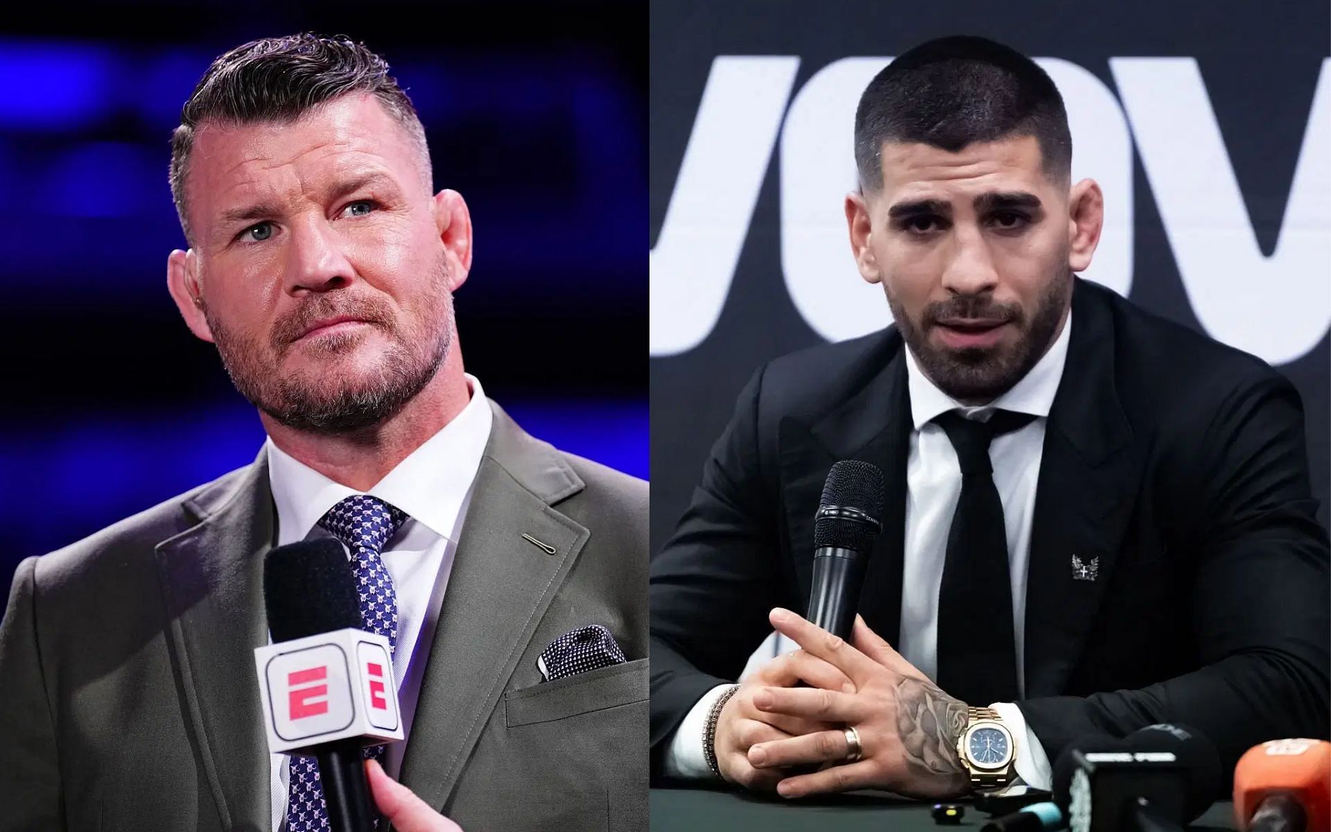 Michael Bisping (left) reacts to Ilia Topuria