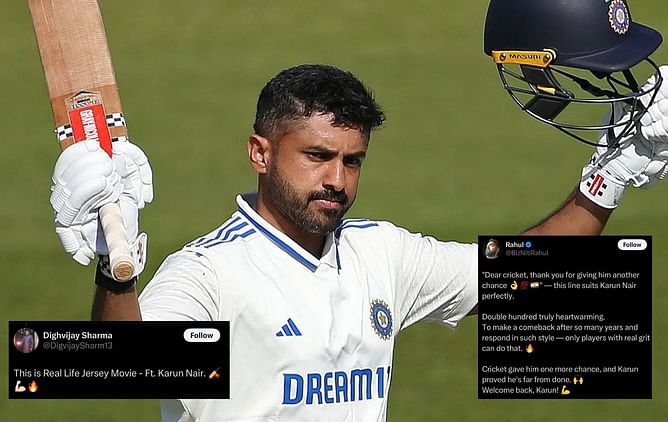 "This is real life Jersey movie" - Fans react as Karun Nair slams double century in England Lions vs India A 1st Unofficial Test