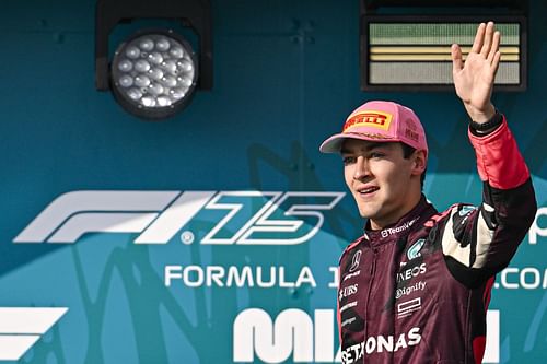 George Russell of Great Britain and Mercedes AMG Petronas celebrates on the podium during the F1 Grand Prix of Miami at Miami International Autodrome on May 04, 2025, in Miami, Florida \ Getty Images