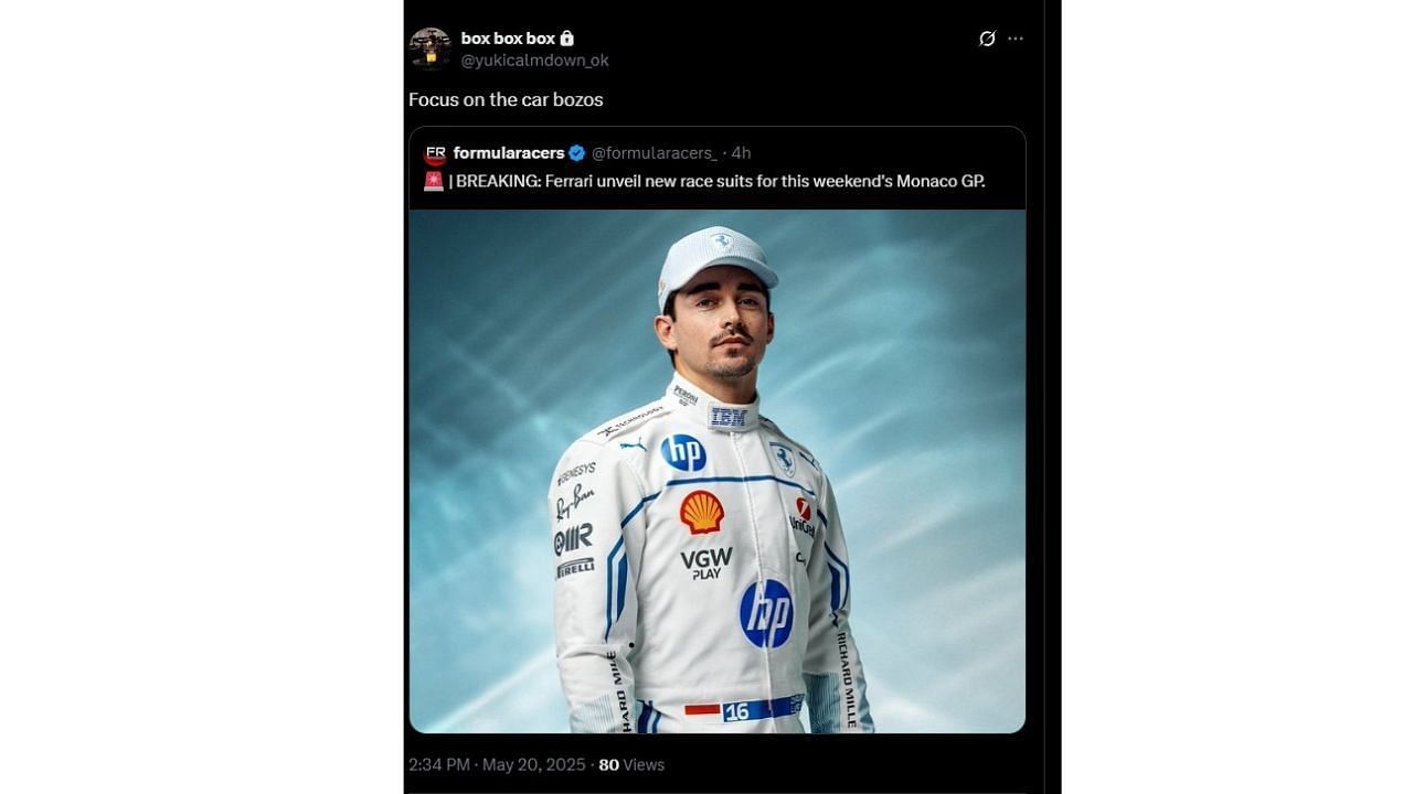 Fan comment on Ferrari&#039;s X post [Image Source: @yukicalmdown_ok/X]