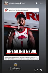 5-star point guard Jason Crowe Jr. acts shocked with JJ Andrews' Arkansas commitment (source: IG/ jasoncrowejr)