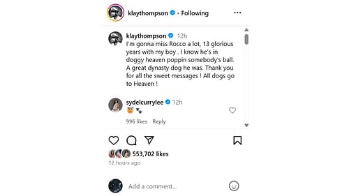 Steph Curry's sister, Sydel Curry-Lee reacts to Klay Thompson's IG post on Friday. [photo: @klaythompson/IG]