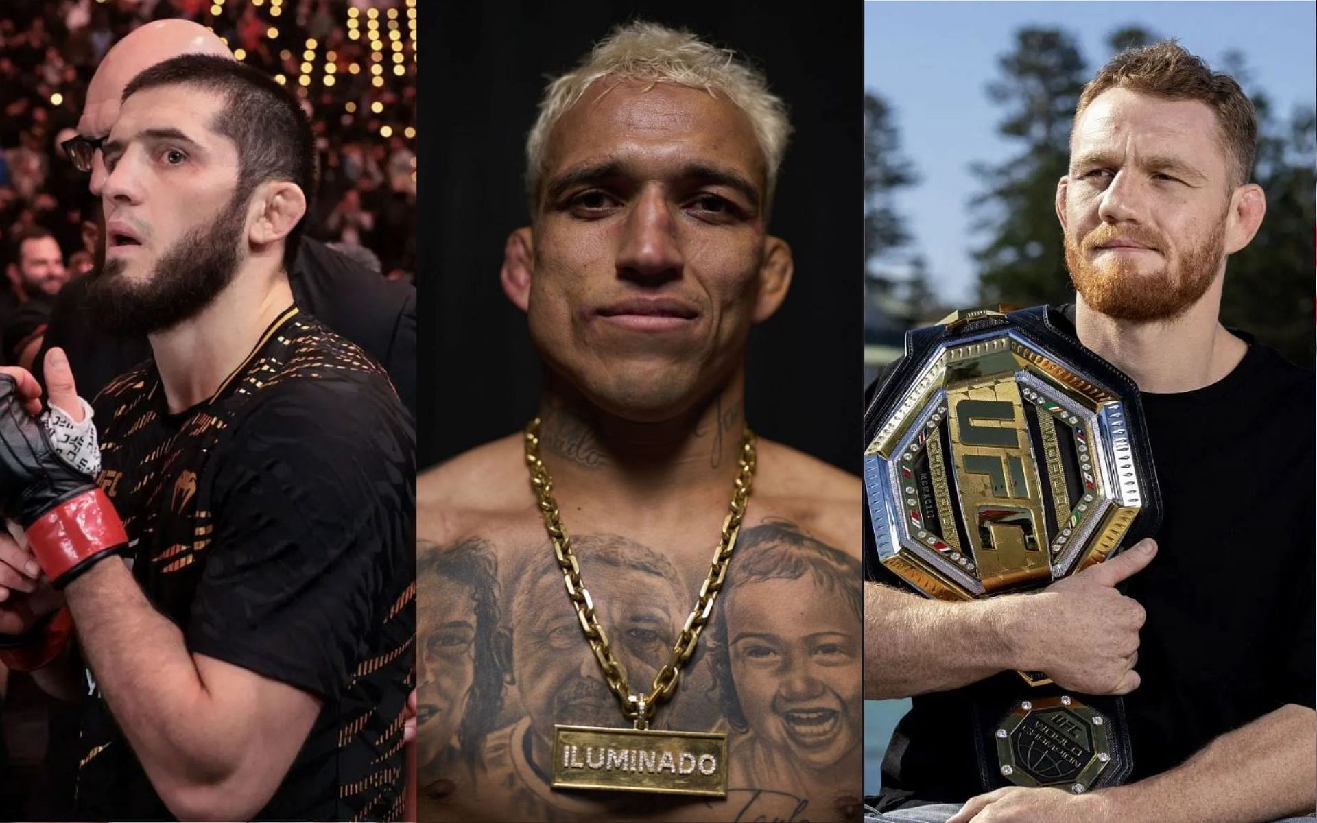 Charles Oliveira (center) talks about the possible bout between Islam Makhachev (left) and Jack Della Maddalena (right). [Images courtesy: Getty Images]