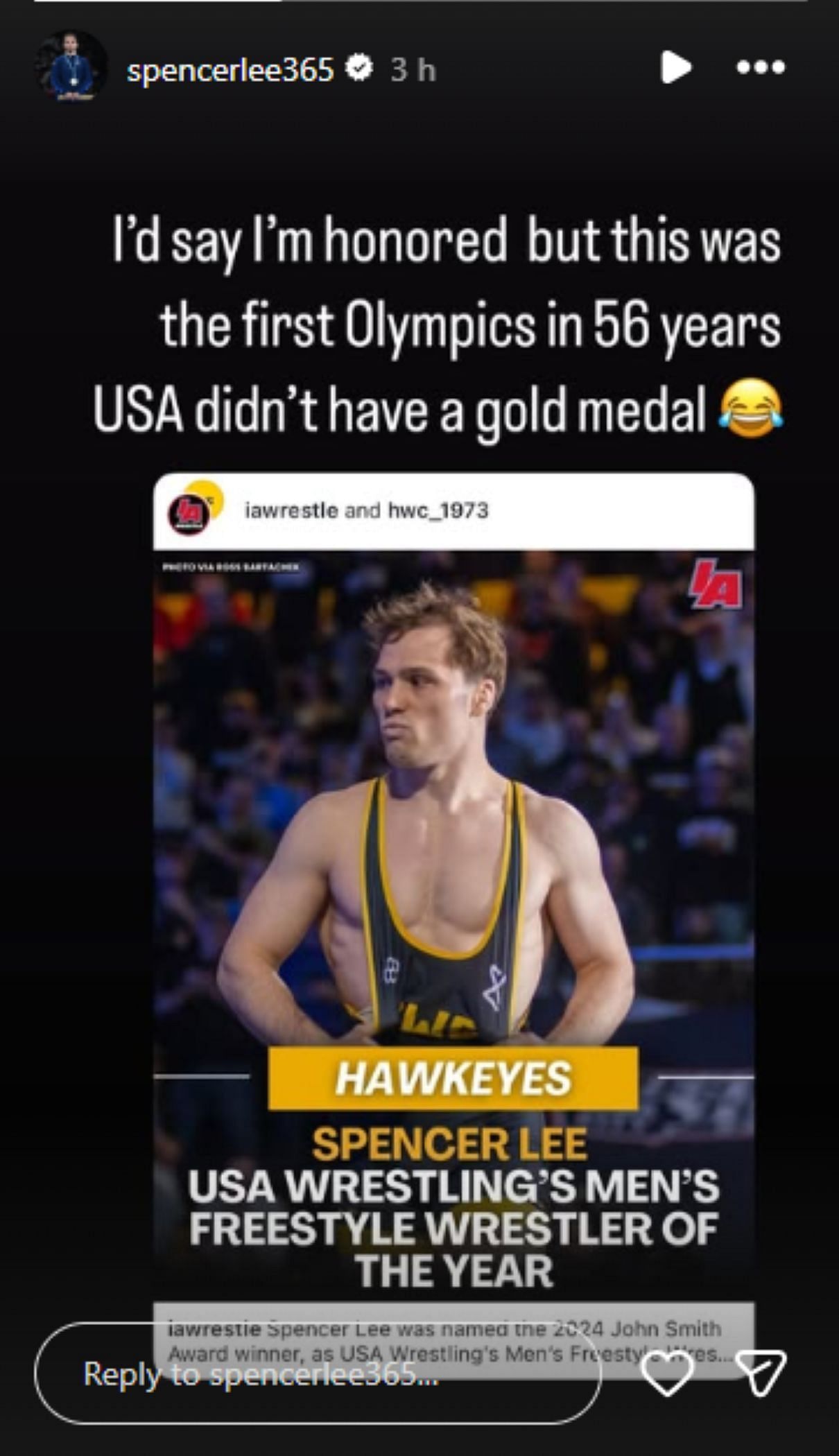 Screengrab of Spencer Lee&#039;s Instagram story [Image Source: Spencer Lee&#039;s Instagram]