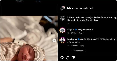 IndyCar congratulated driver Alexander Rossi on the birth of his son Benjamin. Image: @alexanderossi via Instagram