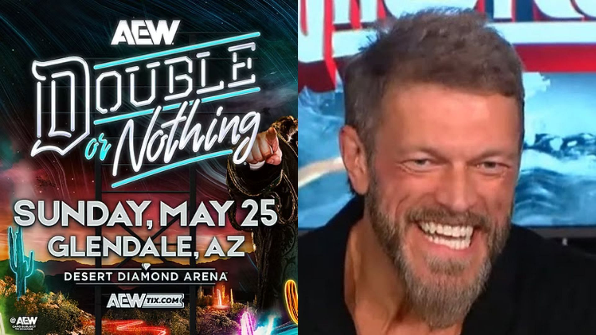 AEW Double or Nothing poster (left) and Adam Copeland (right). (Image credits: allelitewrestling.com &amp; AEW YouTube channel)