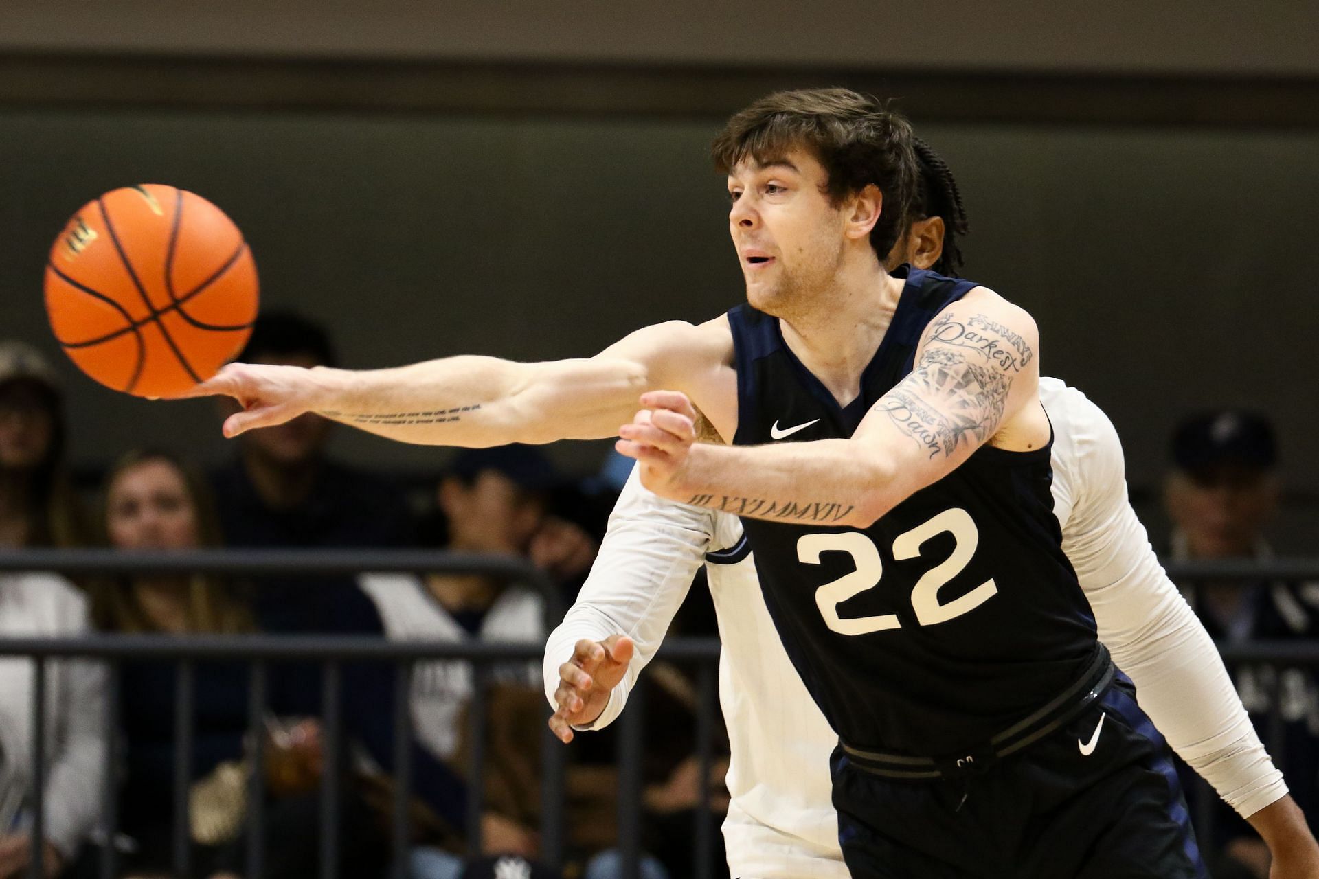 Patrick McCaffery (#22) of the Butler Bulldogs passes the ball during the first half against the Villanova Wildcats at Finneran Pavilion on March 1, 2025 in Villanova, Pennsylvania. Photo: Getty