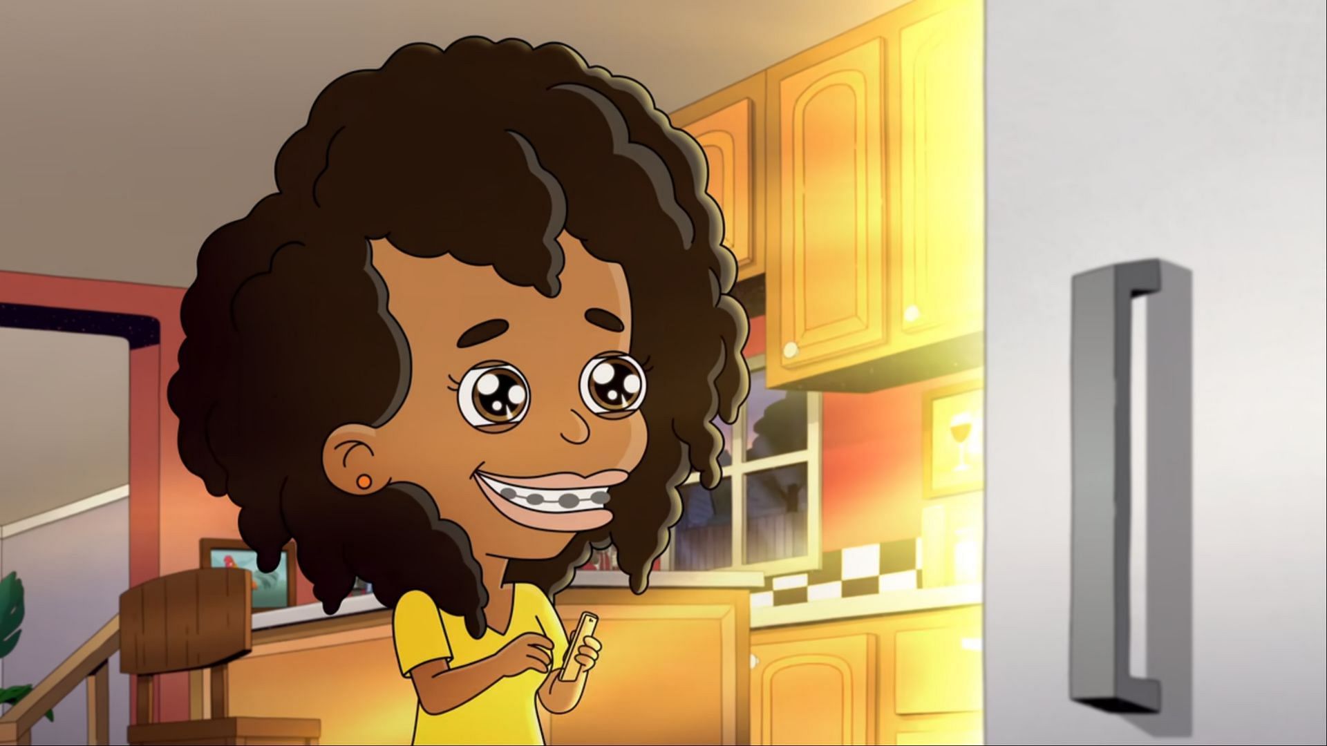  A moment of joy in the kitchen as the fridge light reveals a late-night discovery. (Image via Netflix)