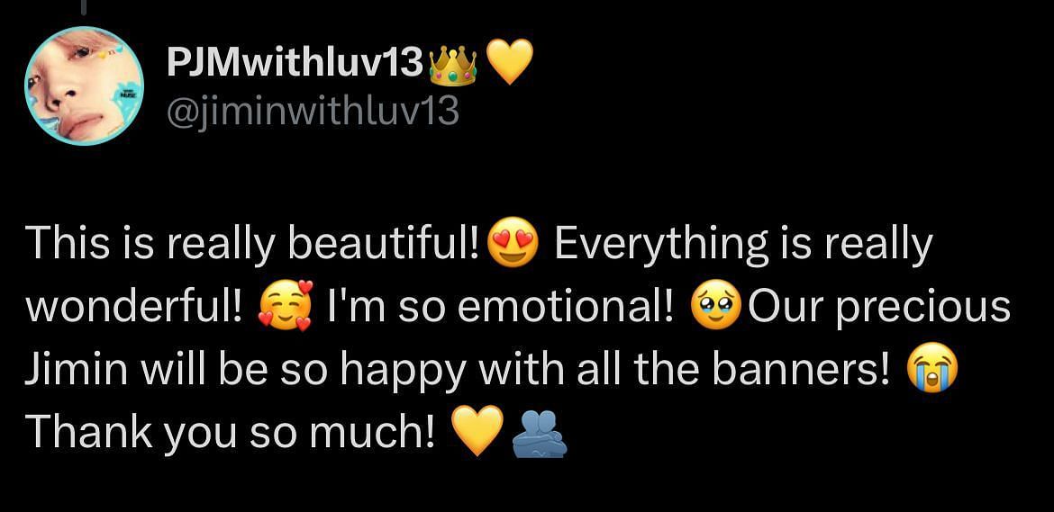 A fan comment on BTS Jimin&#039;s military discharge celebration (Image via X/@jiminwithluv13)