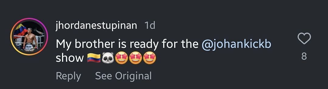 Screenshot of Jordan Estupinan&#039;s comment. [ONE Championship/Instagram]