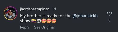 Screenshot of Jordan Estupinan's comment. [ONE Championship/Instagram]