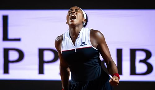 Coco Gauff celebrates her win over Zheng Qinwen at the Italian Open. Source: Getty